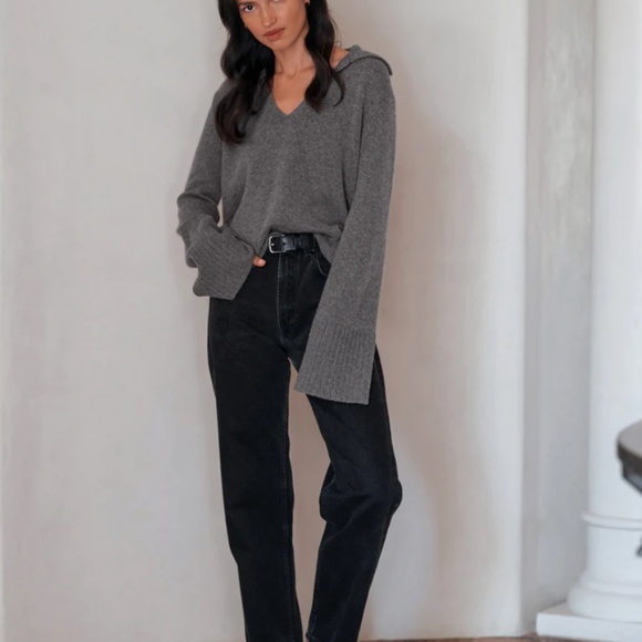 $425 Jenni Kayne Frances Polo Cashmere Sweater in Thunder - Size L - Picture 3 of 10